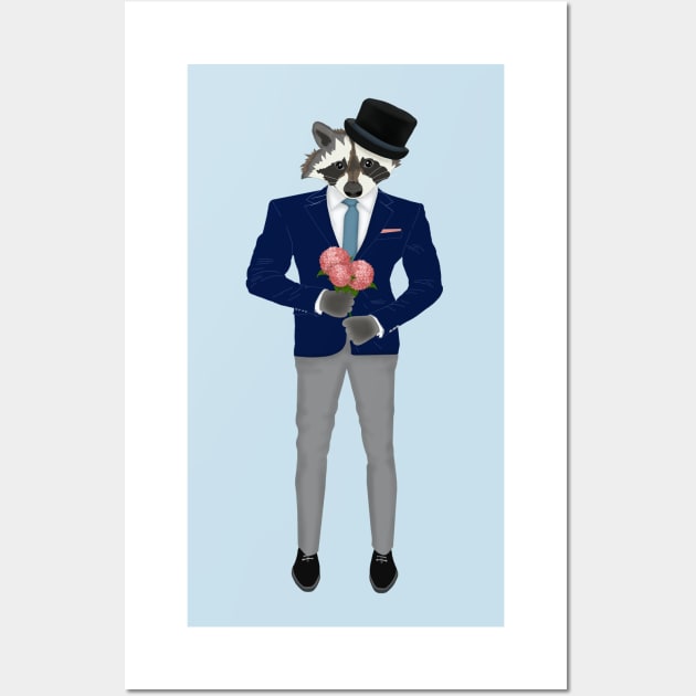 Raccoon in a suit with flowers. City Style. Hipster style Wall Art by KateQR